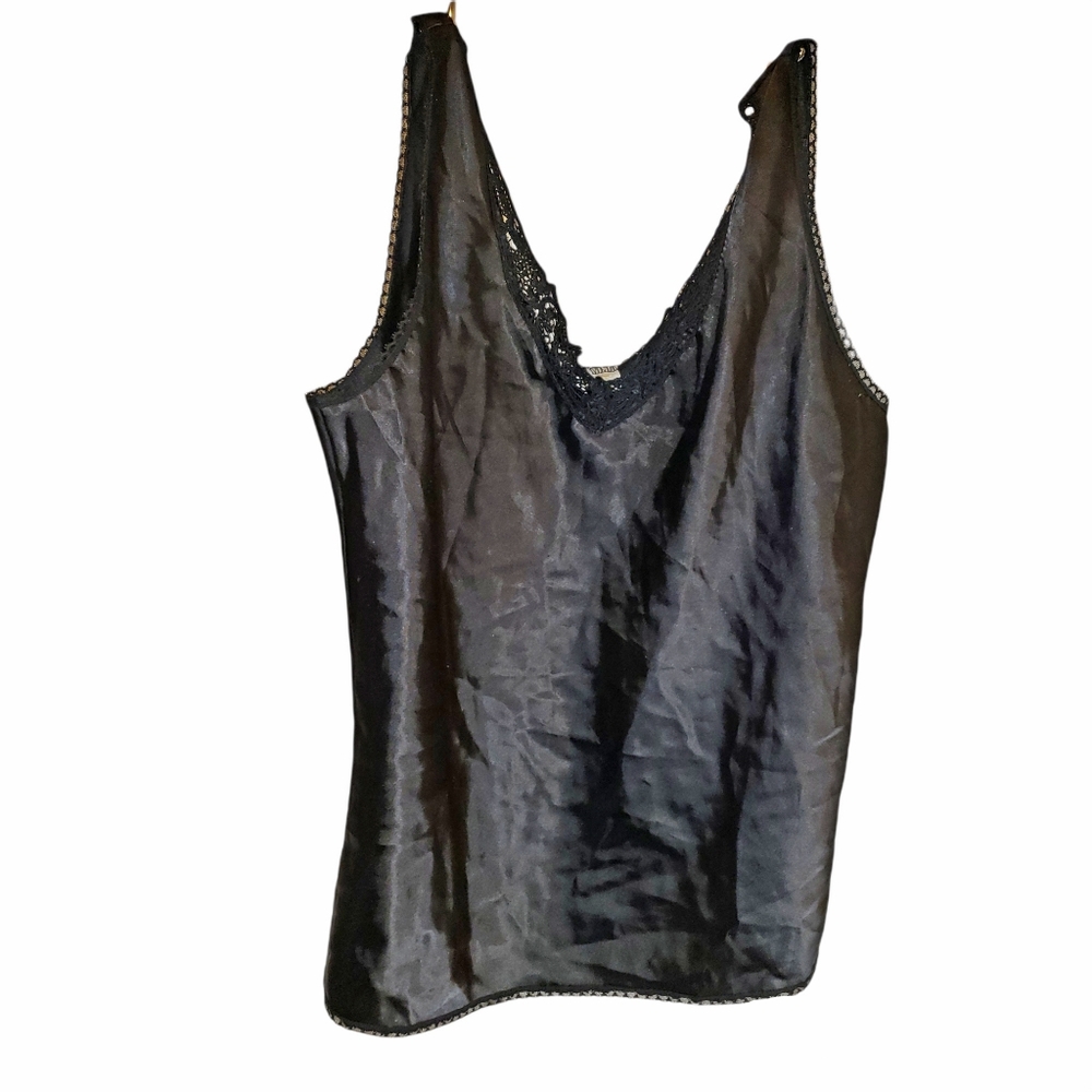 Vtg Escapades Black Camisole with lace trim L Satin Polyester